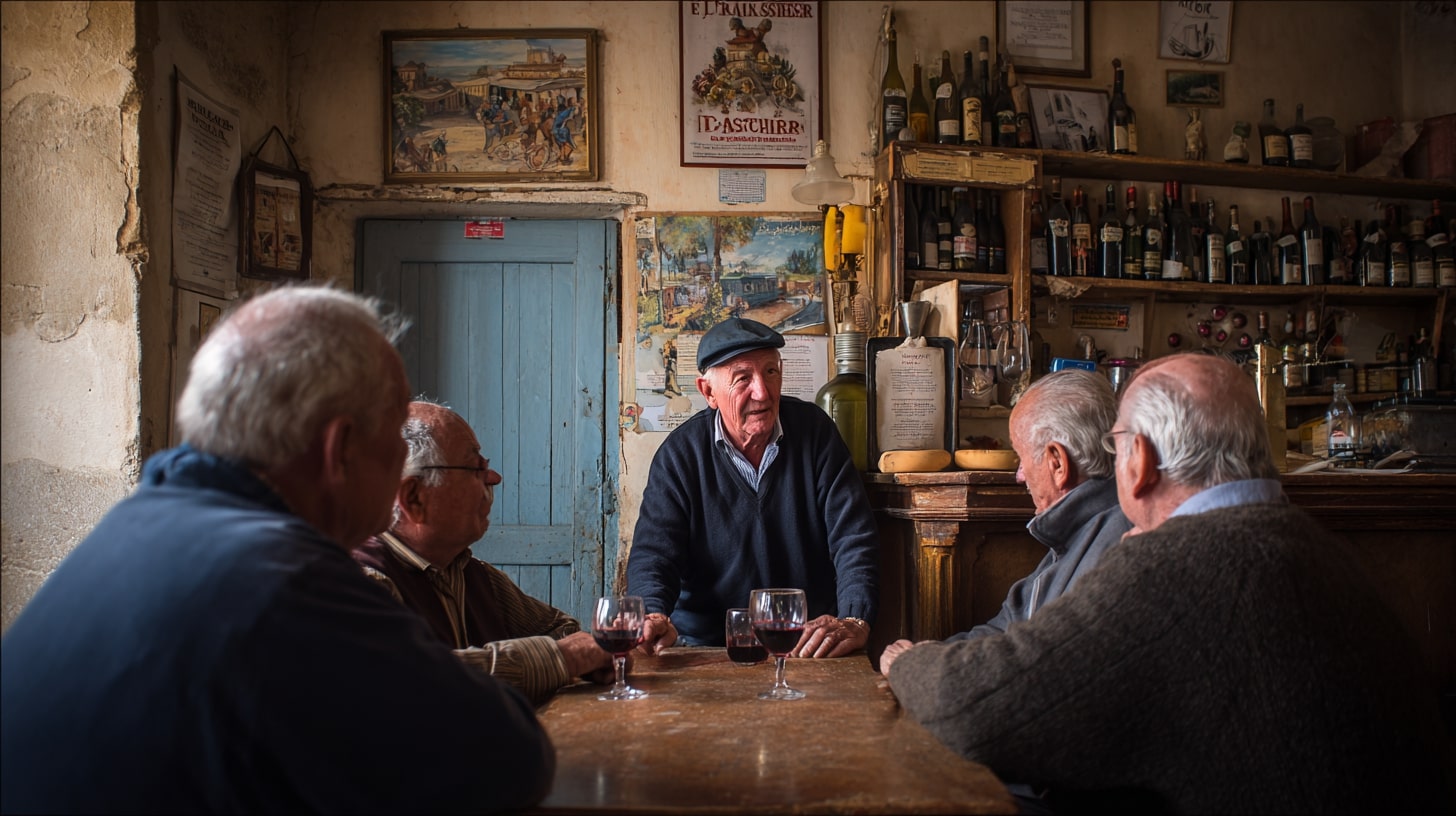 Petit café d’hiver où résonne encore l’occitan, lieu de partage simple autour d’un verre et de nouvelles du village